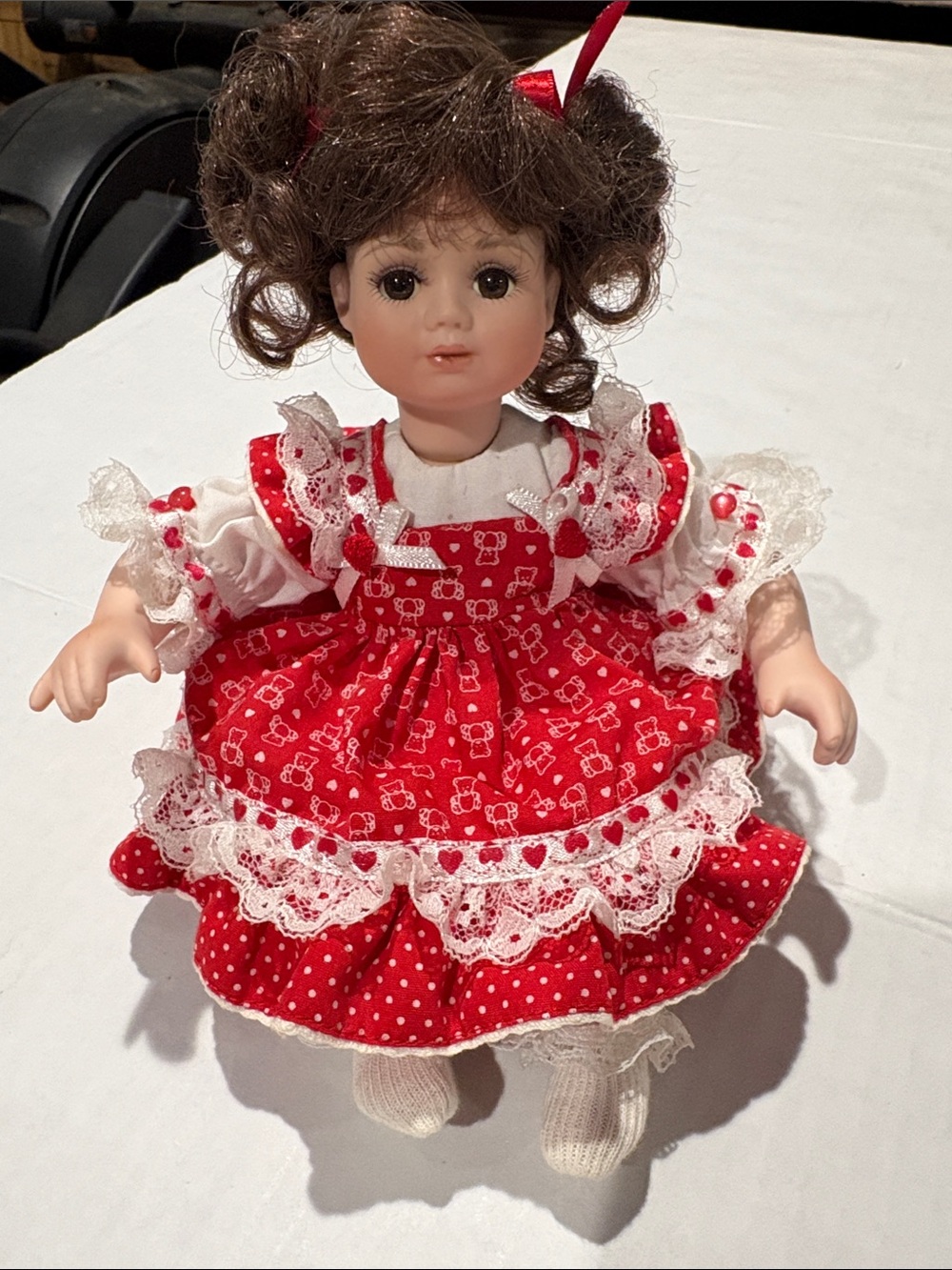 Classic Red Lace-Trim porcelain Doll in Red Dress